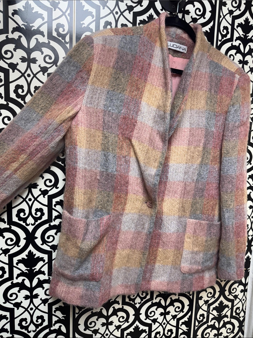 Vintage Luciana Pastel Plaid Wool-Blend Blazer - Pink/Yellow/Gray - Picture 4 of 11